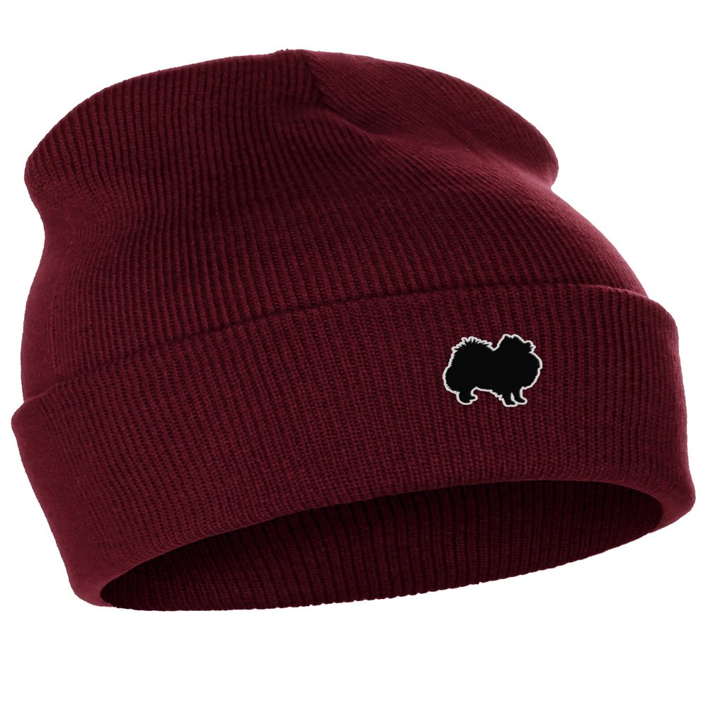 Daxton Dog Breeds Cuffed Beanie Winter Knit Hat Skully Cap, Pomeranian, Burgundy Beanie