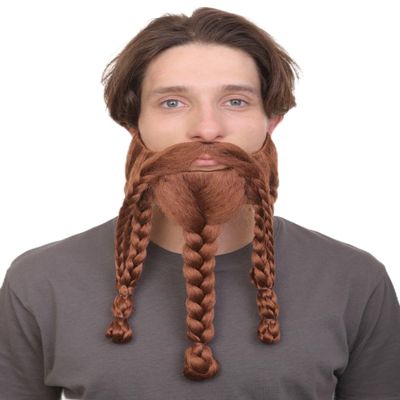 HPO Adult Men's Braided Viking Beard and Mustache | Redish Brown Color | Novelty False Facial Hair | Costume Accessory for Adults