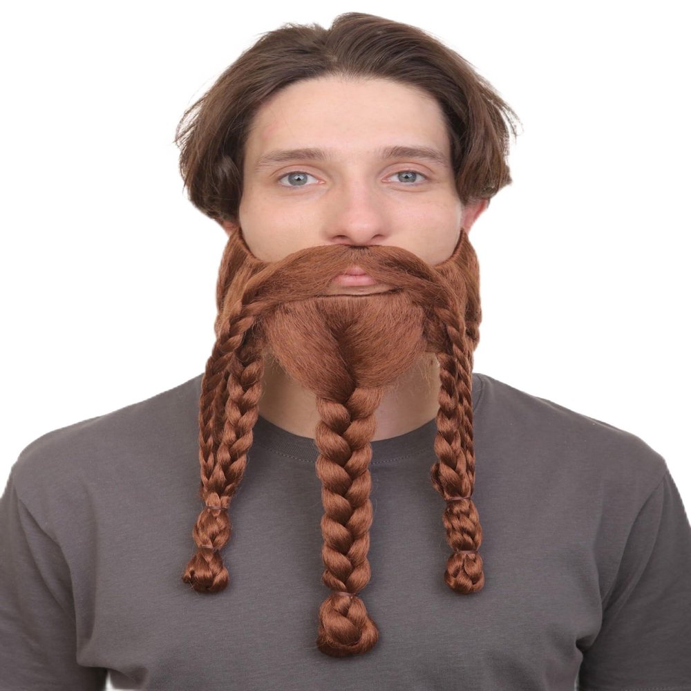 HPO Adult Men's Braided Viking Beard and Mustache | Redish Brown Color | Novelty False Facial Hair | Costume Accessory for Adults