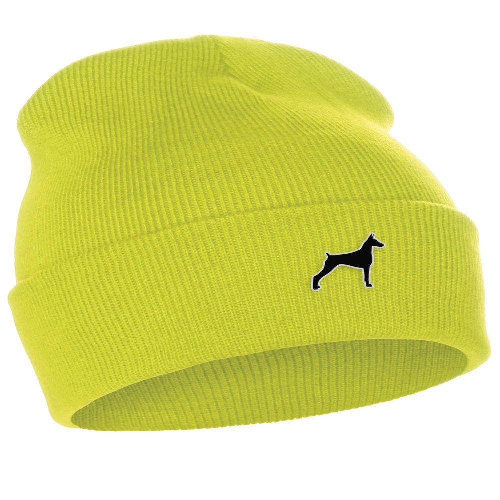 Daxton Dog Breeds Cuffed Beanie Winter Knit Hat Skully Cap, Doberman, Neon Yellow Beanie