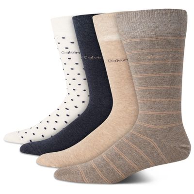Calvin Klein Mens Dress Socks - 4 Pack Soft Cotton Blend Crew Length Work Socks for Men for Casual Business & Formal Wear, Size 7-12, Tan Stripe