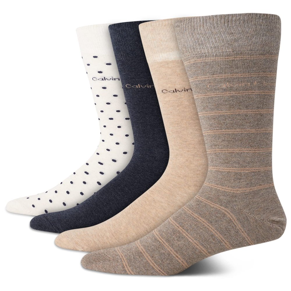 Calvin Klein Mens Dress Socks - 4 Pack Soft Cotton Blend Crew Length Work Socks for Men for Casual Business & Formal Wear, Size 7-12, Tan Stripe