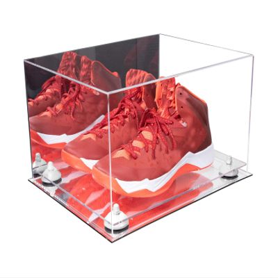Better Display Cases Acrylic Shoe Pair Display Case - Large Rectangle Box with Mirror Case, White Risers and Mirror Base 15.25" x 12" x 9" (V13/A082)