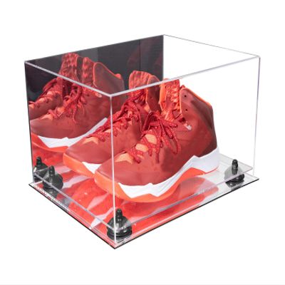 Better Display Cases Acrylic Shoe Pair Display Case - Large Rectangle Box with Mirror Case, Black Risers and Mirror Base 15.25" x 12" x 9" (V13/A082)