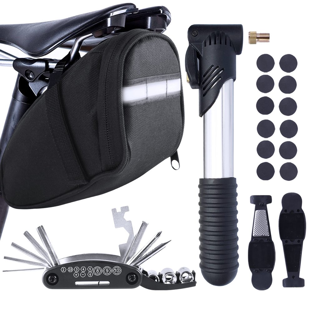 MASPODER Bike Repair Kit, Saddle Bag with Tire Tool, Mini Pump, Multitool Bicycle Accessories Set for Adult Bikes Road Mountain MTB