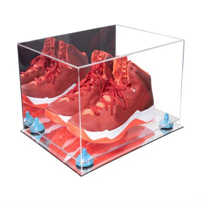 Better Display Cases Acrylic Shoe Pair Display Case - Large Rectangle Box with Mirror Case, Light Blue Risers and Mirror Base 15.25" x 12" x 9" (V13/A082)