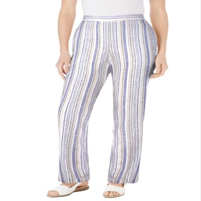 Woman Within Plus Size Petite Straight Leg Linen Pant - 38 WP, Deep Cobalt Stripe