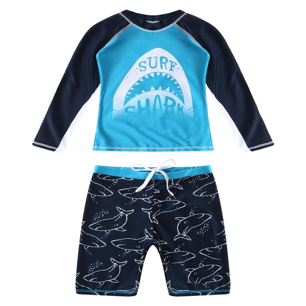 iiniim Boys Rash Guard Boyleg 2 Pieces Swimsuits Kids Long Sleeve Shirt UPF 50 Bathing Suit Swimwear Sky Blue Shark 8-9 Years