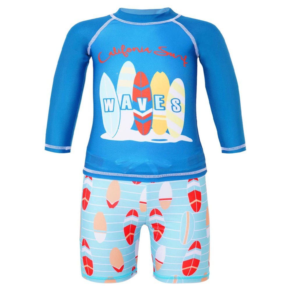 iiniim Boys Rash Guard Boyleg 2 Pieces Swimsuits Kids Long Sleeve Shirt UPF 50 Bathing Suit Swimwear Blue 5-6 Years