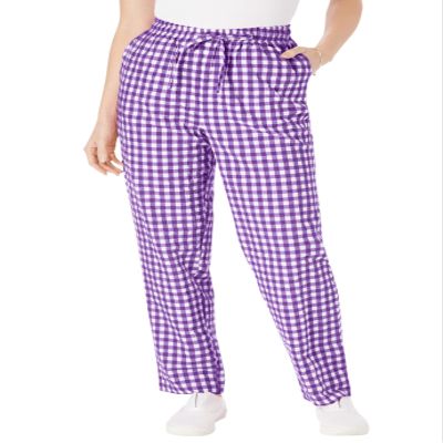 Woman Within Plus Size Tall Seersucker Pull-On Elastic-Waist Pants - 26 T, Purple Orchid Gingham