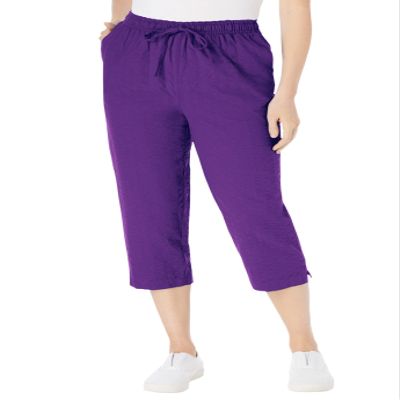 Woman Within Plus Size Petite Seersucker Pull-On Elastic-Waist Capri Pants - 24 W, Purple Orchid