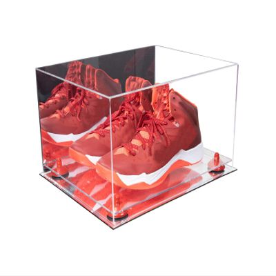 Better Display Cases Acrylic Shoe Pair Display Case - Large Rectangle Box with Mirror Case, Red Risers and Mirror Base 15.25" x 12" x 9" (V13/A082)