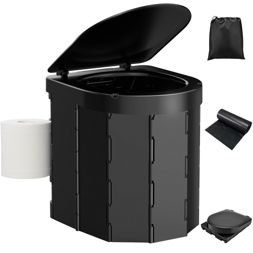 Portable Camping Toilet, Folding Toilet for Adults with Lid and Retractable TP Holder, Waterproof Porta Potty with Carry Bag and Disposible Liners for Camping, Hiking, RV Travel