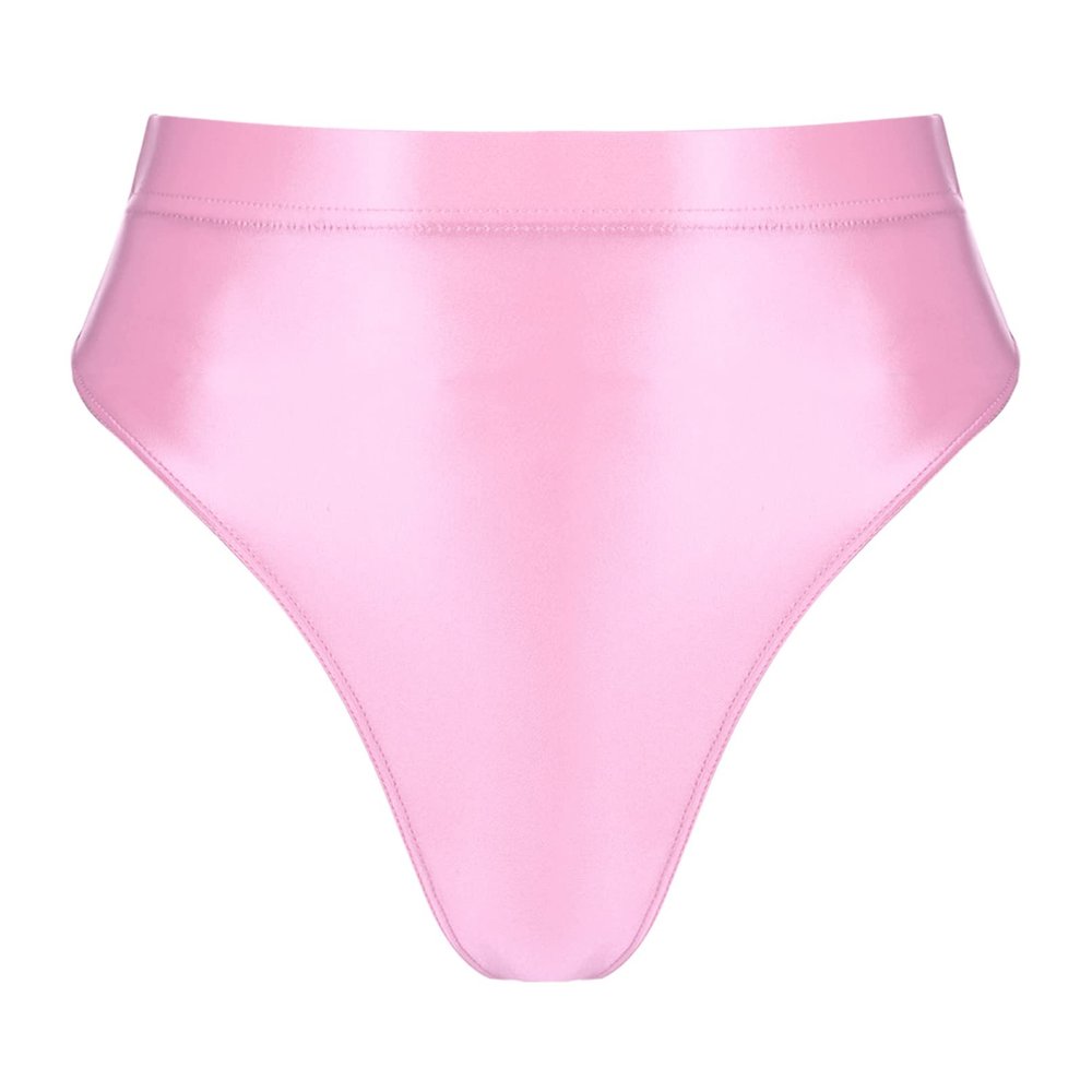 YiZYiF Women's Glossy Shiny High Waisted Dance Yoga Bottoms High Cut Briefs Cheeky Knikcers Pink Large
