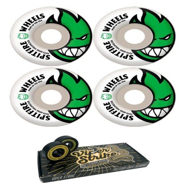 59mm Spitfire Wheels Bighead White/Green Skateboard Wheels - 99a with Viper Strike Skateboard Bearings 8mm Precision ABEC 7 Skateboard Bearings - Bundle of 2 Items