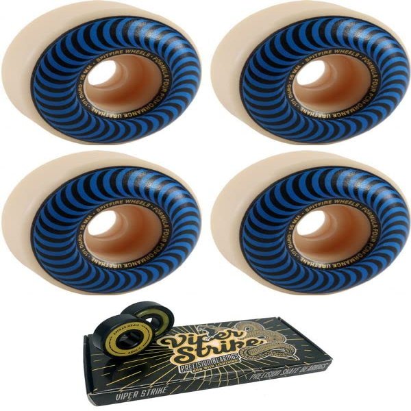 56mm Spitfire Wheels Formula Four Classic Swirl White w/Blue Skateboard Wheels - 101a with Viper Strike Skateboard Bearings 8mm Precision ABEC 7 Skateboard Bearings - Bundle of 2 Items