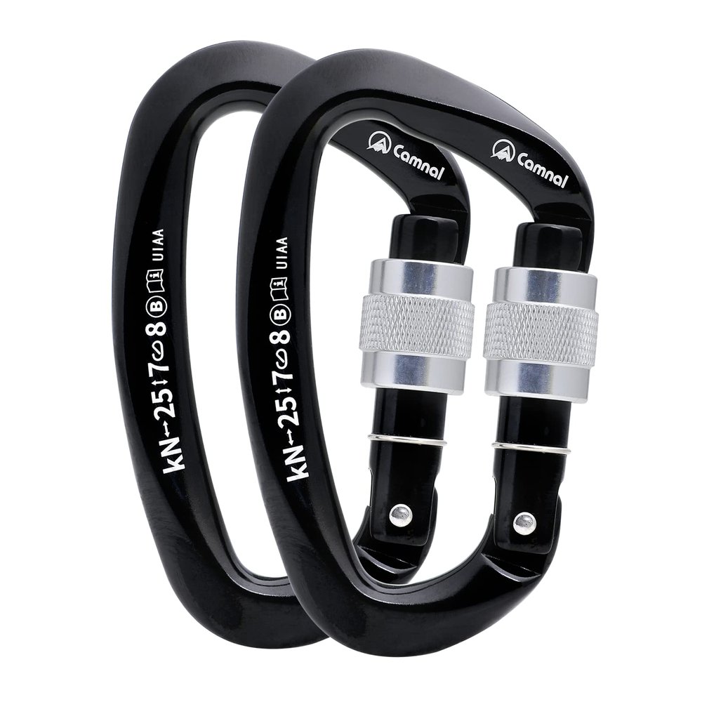 CAMNAL Heavy Duty UIAA Certified Locking Carabiner 25KN (About 5620 lbs) Screw Lock D Shape Clip for Rock Climbing, Mountaineer, Aerial Work (Black s-2)