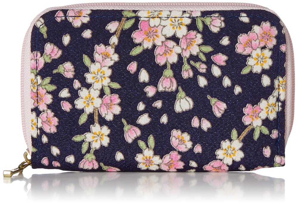 (0609-3) Uni Fiber, Made in Japan, Futoshi Crepe, Japanese Pattern, Multi-Card Case, Cherry Blossom, Navy Blue, Pink/Navy Blue, One Size