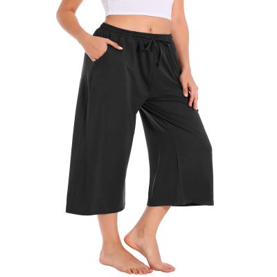 Annenmy Wide Leg Pants for Women Capris High Waisted Womens Yoga Pants Ladies Sports Joggers Running Sweatpants Comfy Drawstring for Women with Pockets Gym Workout Shorts Black L