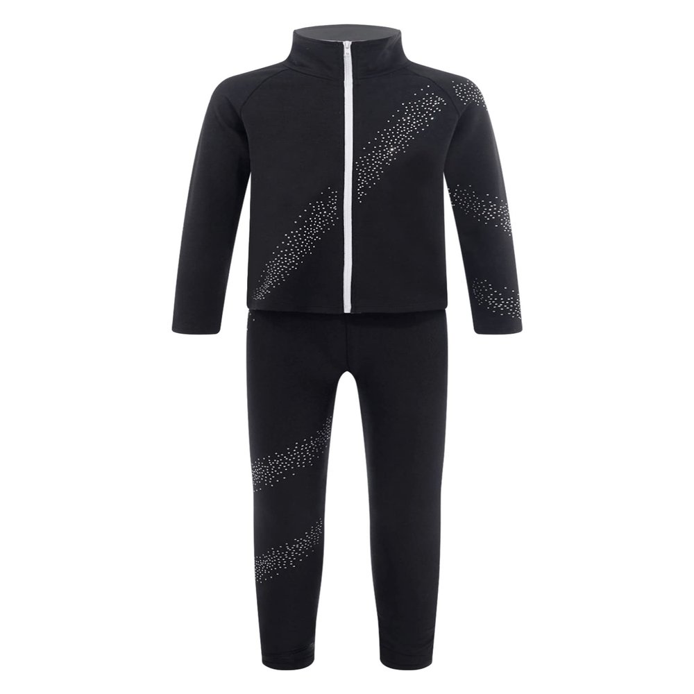 FEESHOW Girls' Figure Ice Skating Clothing Sets Kids Unisex Long Sleeve Zipper Jacket with Stretch Tights for Training Black 14 Years