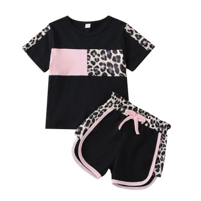 4T Girl Clothes Summer Outfits For Girls Cute Baby Short Sleeve Leopard Tops T-shirt + Camo Shorts Set Sport Suits Tracksuit Girl Summer Outfits Set Black Leopard 4-5T 120cm
