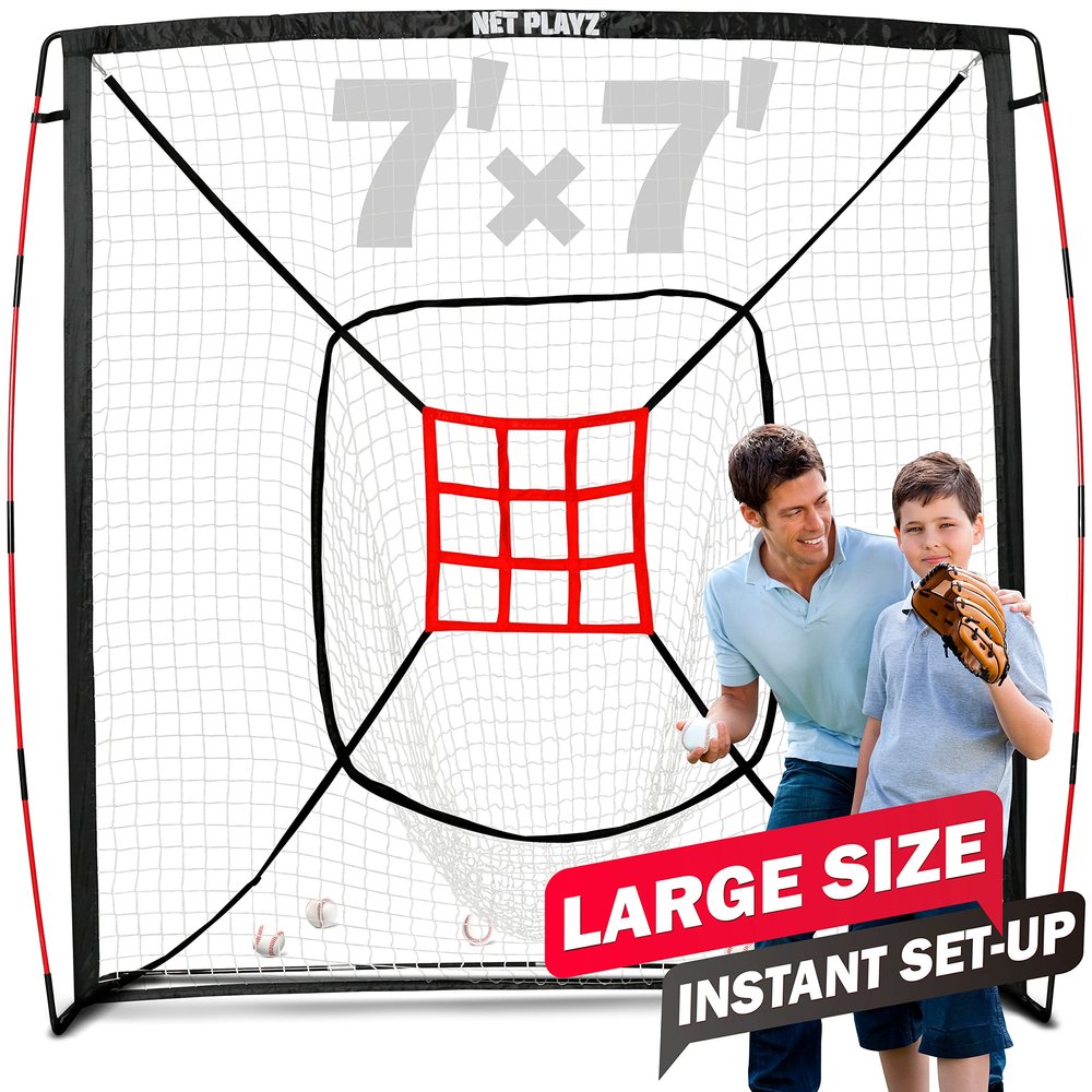 TGU Net Playz 7' x 7' Baseball & Softball Practice Hitting & Pitching Net Similar to Bow Frame, Great for All Skill Levels, Pop up/Easy Fold up/Fiberglass Frame, Light Weight, Portable, Black