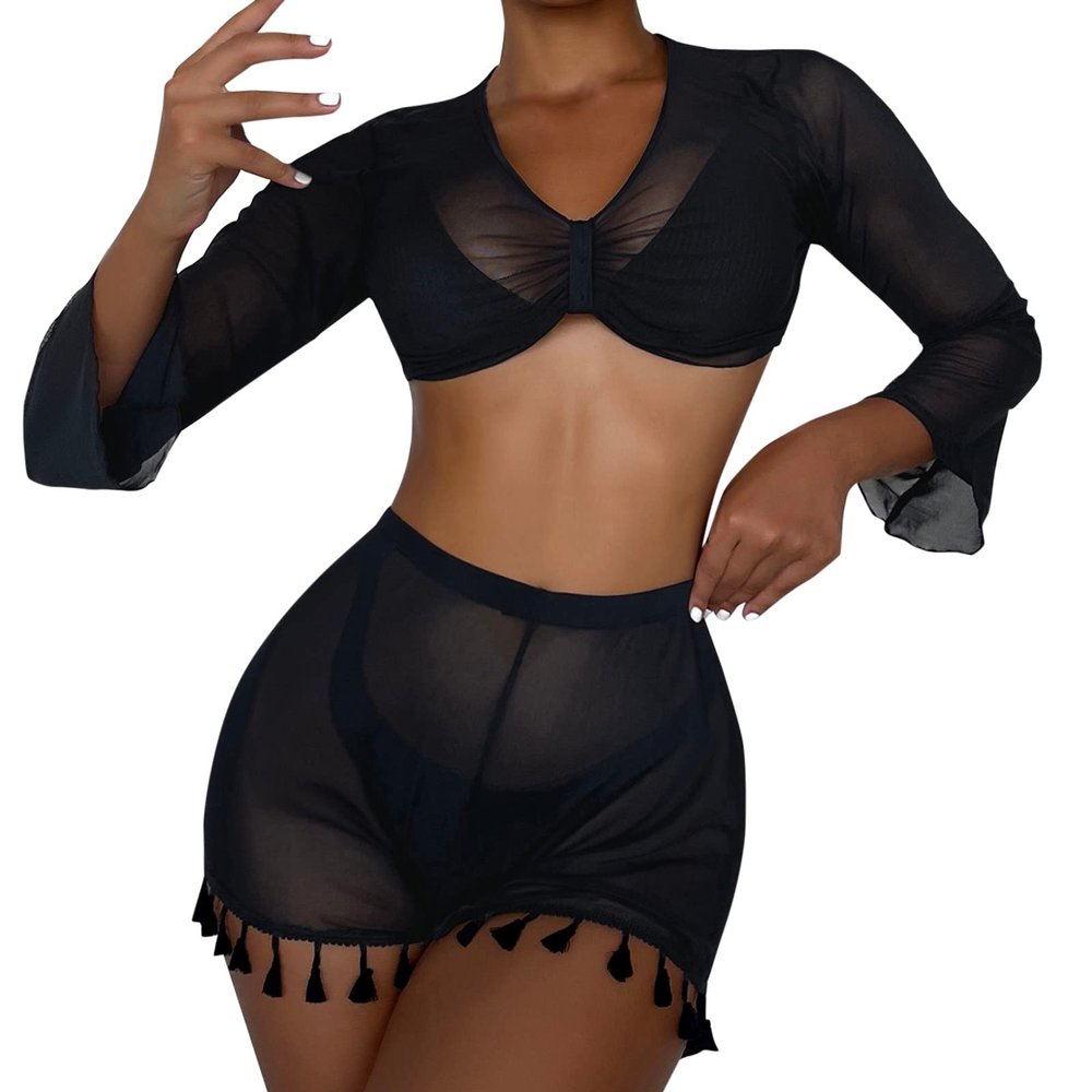 Bikini Sets for Women Women Tassel Trim Cover Up Top with Shorts Set Beach Two Piece Swimsuits Bathing Suits (Black, XL)