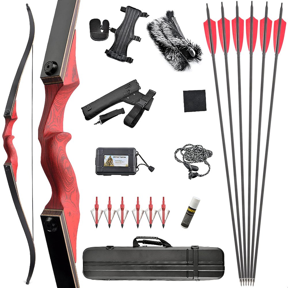 AMEYXGS 60" Archery Takedown Recurve Bow Set Wooden Riser 20-60lbs Hunting Bow Traditional Longbow Outdoor Shooting Adult Bow Right Handed (35LBS, Red Kit)