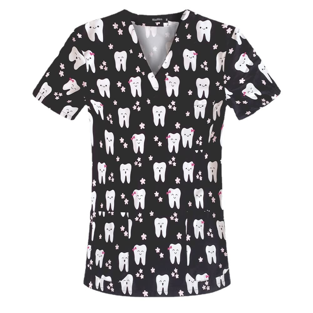 VIAOLI Women Short Sleeve Vneck Elastic Breathable Nurse Dental Uniform Slim Fit Top Scrub Clothes Summer Nurse Working Tops (63003,S)