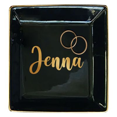 TEEAMORE Personalized Ring Dish Custom Trinket Tray Add Your Text Engagement Wedding Gift Jewelry Tray Black
