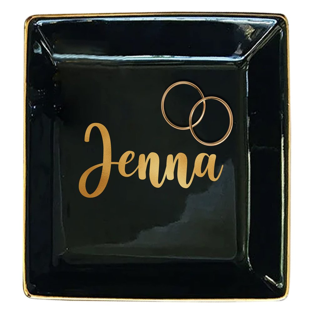 TEEAMORE Personalized Ring Dish Custom Trinket Tray Add Your Text Engagement Wedding Gift Jewelry Tray Black