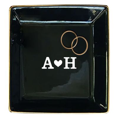 TEEAMORE Personalized Ring Dish Custom Couple Trinket Tray Add Your Initials Engagement Wedding Gift Jewelry Tray Black