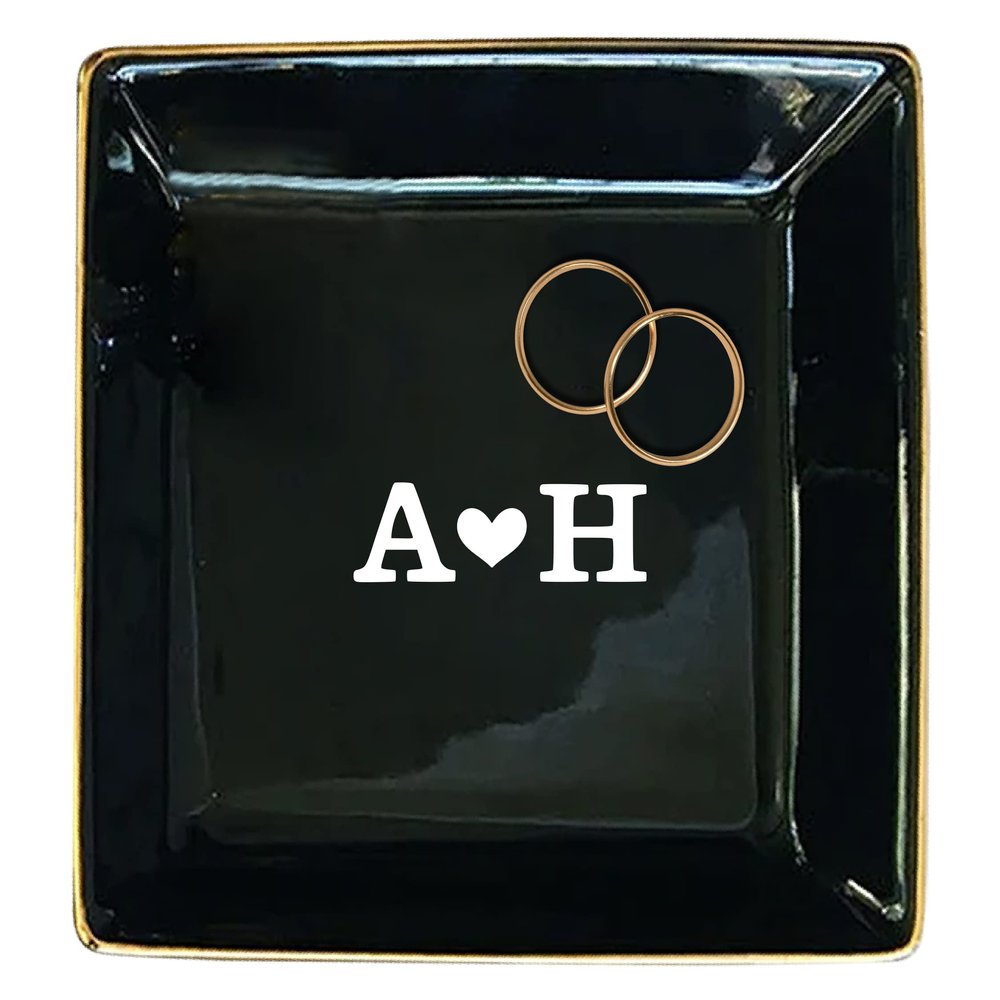 TEEAMORE Personalized Ring Dish Custom Couple Trinket Tray Add Your Initials Engagement Wedding Gift Jewelry Tray Black