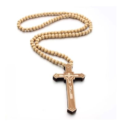 FORUBUS Wooden Cross Pendant Necklace - Wood Beads Cross Religion Necklace for Women Men Believer Prayer Baptism Jewelry (C wood)