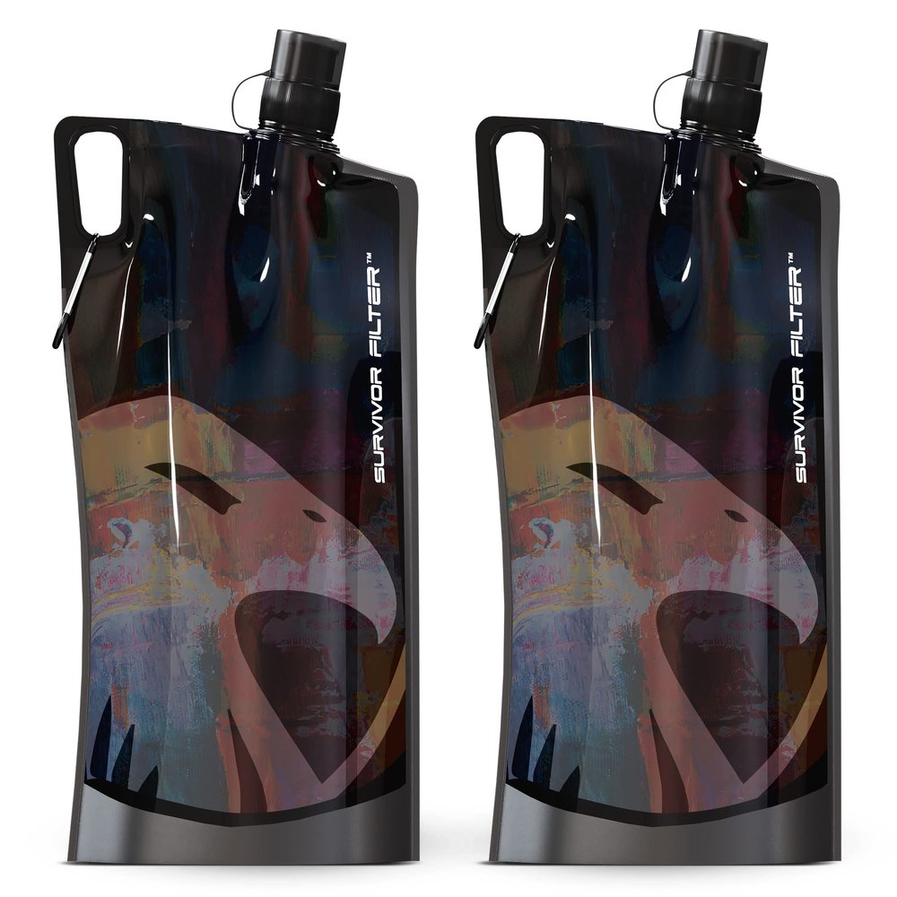 Survivor Filter 1L Black Collapsible Water Bottles - Travel, Hiking, Foldable, BPA-Free - 2 x 33oz