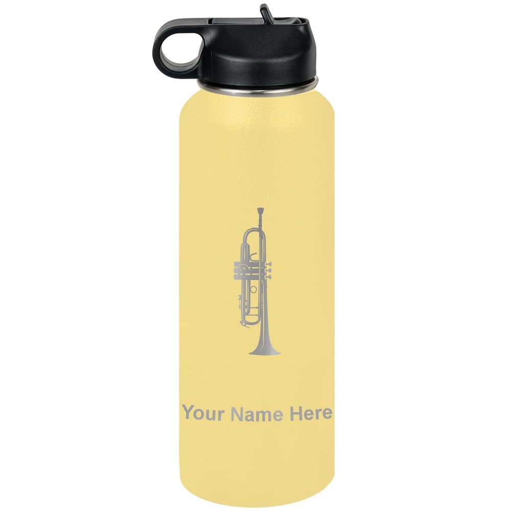 LaserGram Personalized Water Bottle, Trumpet, Stainless Steel Double Wall Vacuum Insulated with Flip Top Straw, Custom Engraved Gift (40oz / 1180ml Yellow)