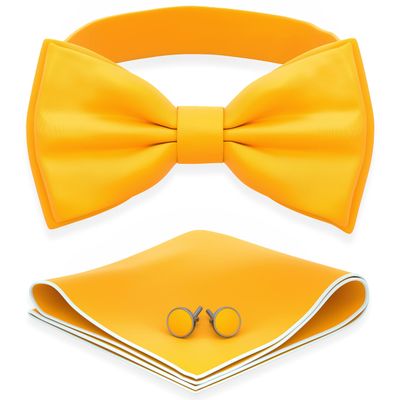 Adam Young Men's Bright Yellow Bow Tie with Handkerchief & Cufflinks Pre-Tied Style Formal Satin Classic Bowtie for Tuxedo Faux Silk (Large, Merigold Yellow)