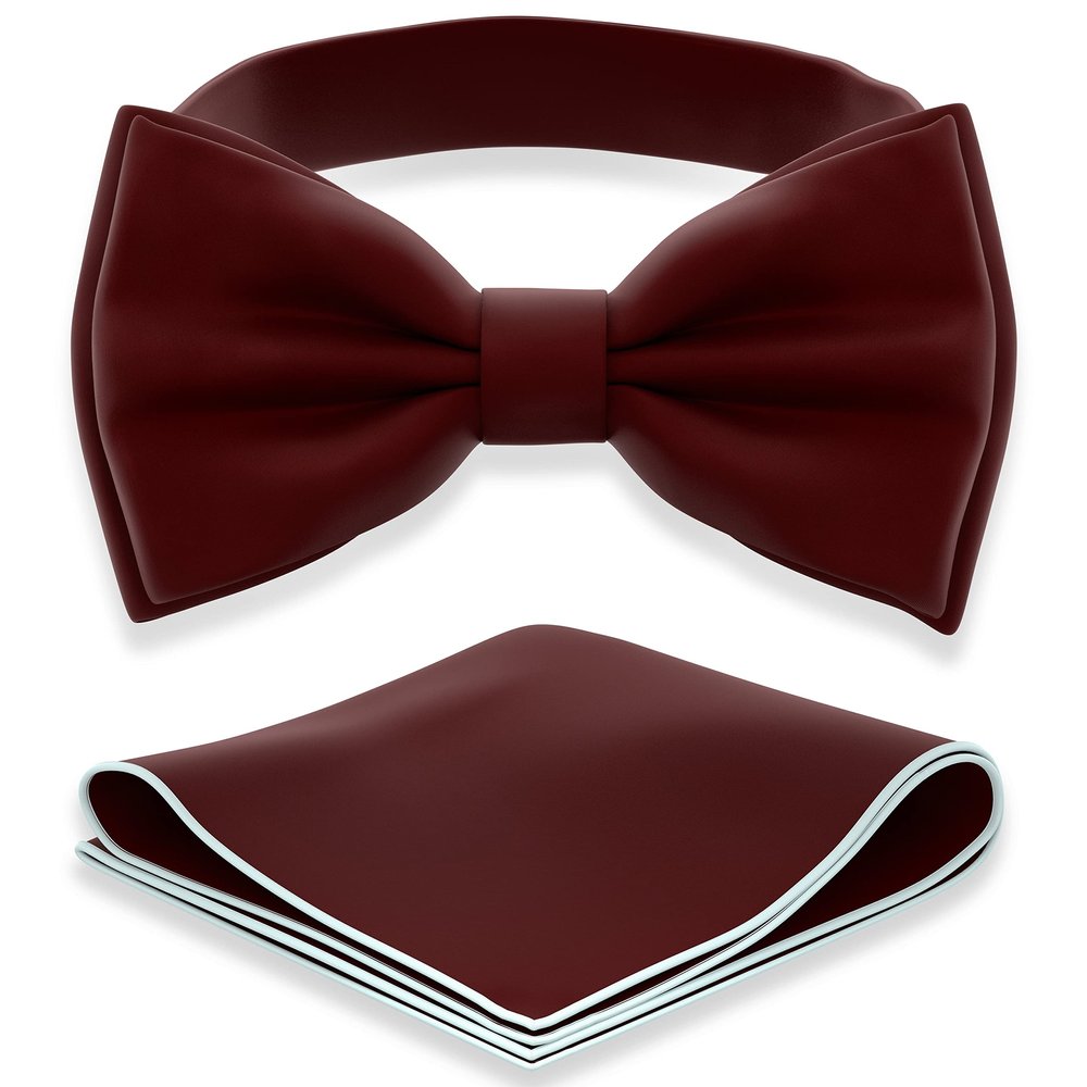Adam Young Men's Burgundy Bow Tie with Handkerchief Set Pre-Tied Style Formal Satin Classic Bowtie for Tuxedo Faux Silk (Large, Merlot Red)