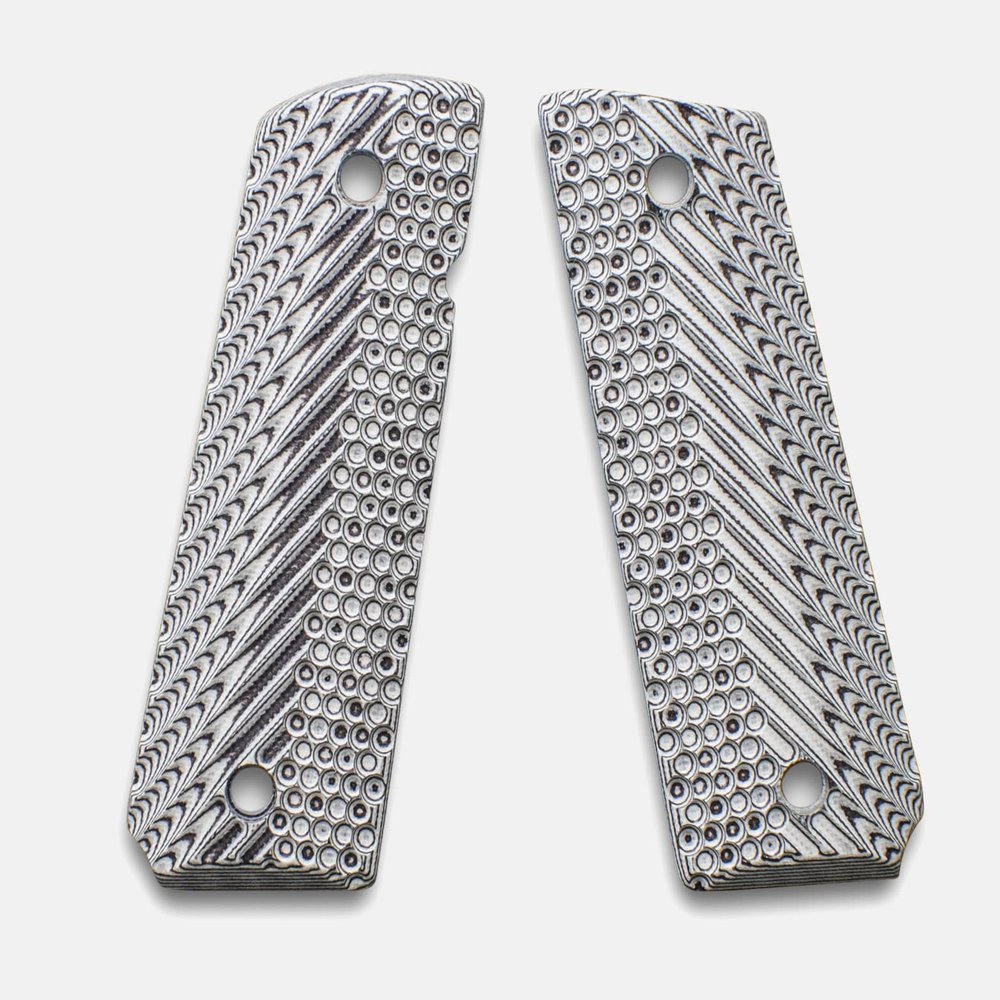 1911 Full Size Grips, G-10 White/Black, Ripple Design, Beveled Bottom