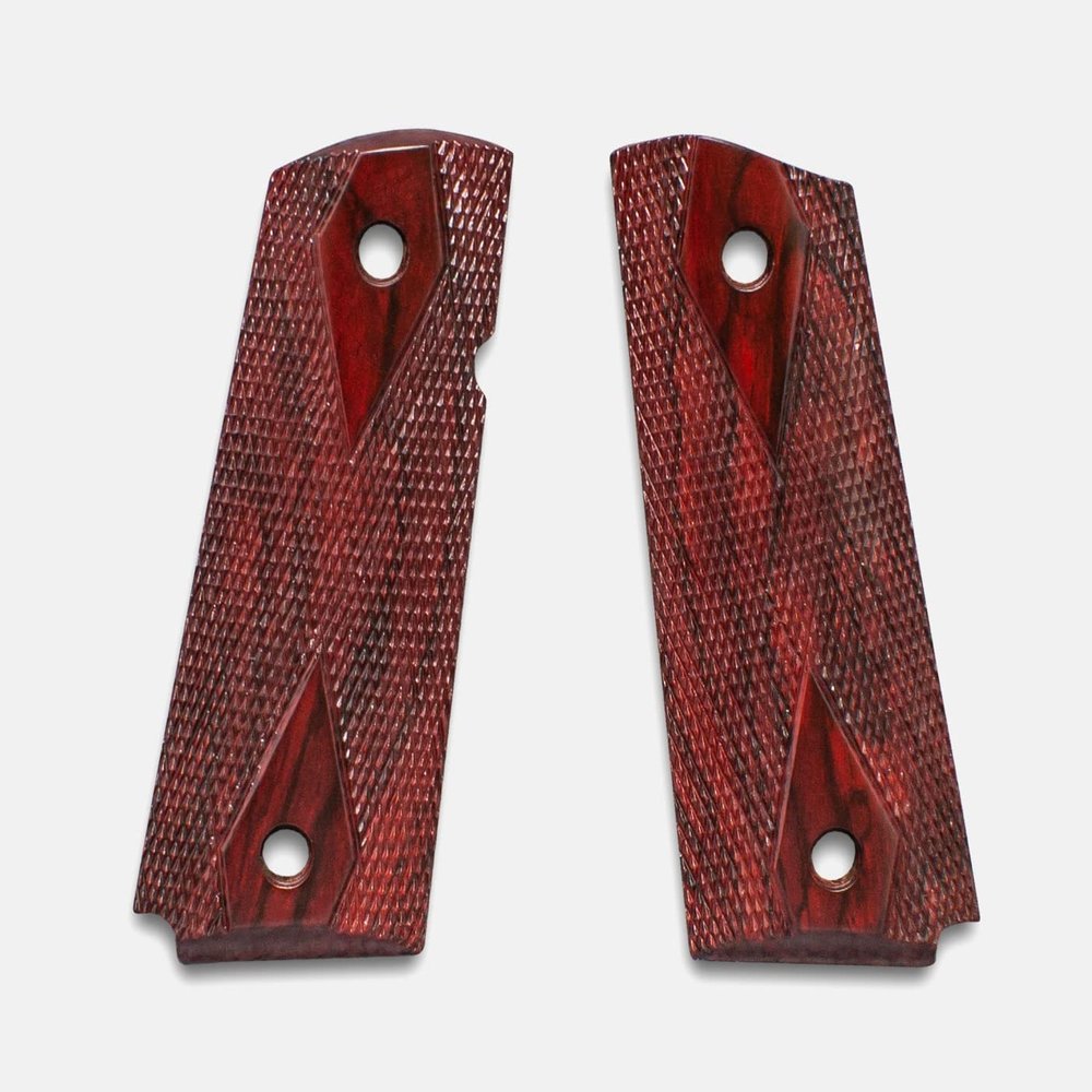 1911 Officer Grips, Red Cocobolo, Double Diamond Checkered, Beveled Bottom, Thin