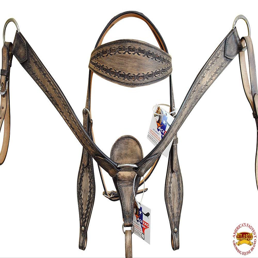 HILASON Brown Western Horse Headstall Breast Collar Set Tack American Leather | Bridle for Horses Headstalls