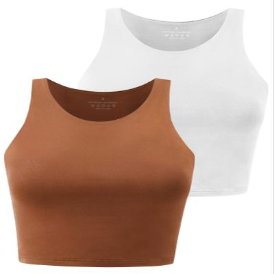 Yeawinta Crop Tank Top for Women Workout Shirts Cropped Tanks Sleeveless Gym Clothes Yoga High Neck Crop Top 2 Pack White/Brown XL