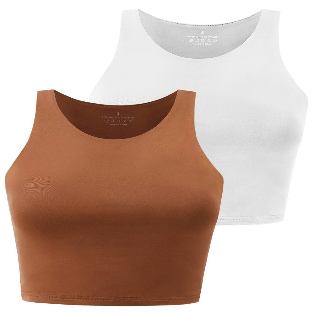 Yeawinta Crop Tank Top for Women Workout Shirts Cropped Tanks Sleeveless Gym Clothes Yoga High Neck Crop Top 2 Pack White/Brown XL