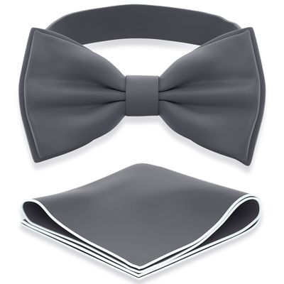 Adam Young Men's Gray Bow Tie with Handkerchief Set Pre-Tied Style Formal Satin Classic Bowtie for Tuxedo Faux Silk (Large, Grey Fog)