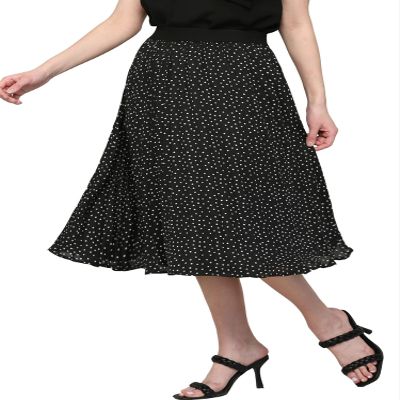 MBJ WB2371 Women's High Elastic Waist Pleated Mid A-Line Swing Skirt XL Black_Polka