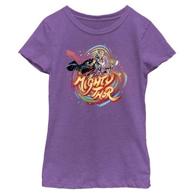 Marvel Love & Thunder Swishy Mighty Thor Girls Short Sleeve Tee Shirt, Purple Berry, X-Large
