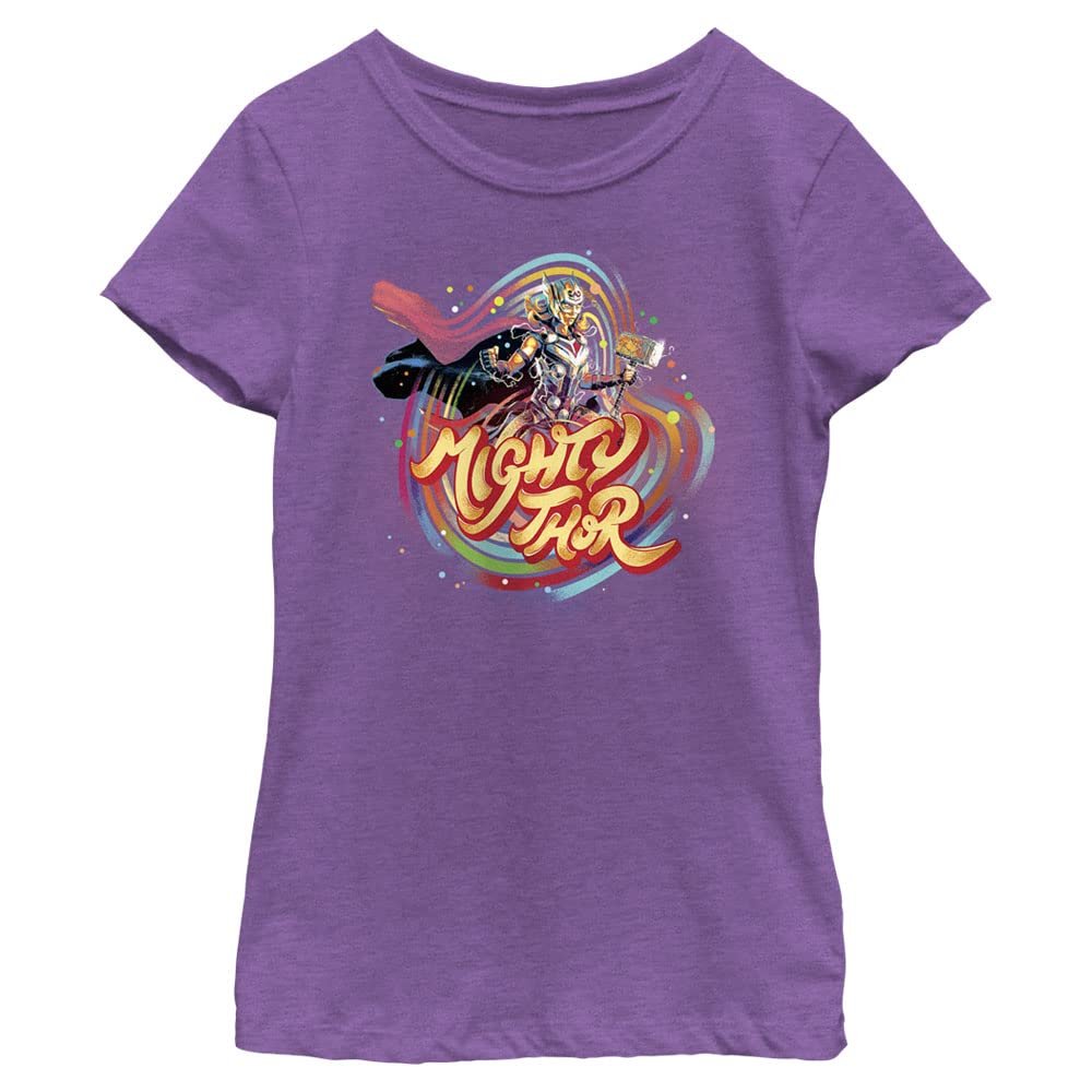 Marvel Love & Thunder Swishy Mighty Thor Girls Short Sleeve Tee Shirt, Purple Berry, X-Large