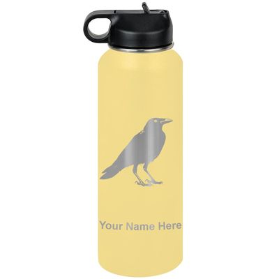 LaserGram Personalized Water Bottle, Crow, Stainless Steel Double Wall Vacuum Insulated with Flip Top Straw, Custom Engraved Gift (40oz / 1180ml Yellow)