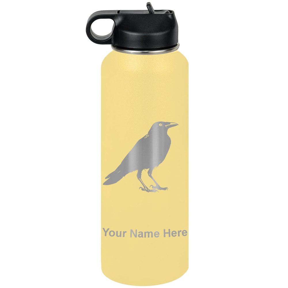 LaserGram Personalized Water Bottle, Crow, Stainless Steel Double Wall Vacuum Insulated with Flip Top Straw, Custom Engraved Gift (40oz / 1180ml Yellow)