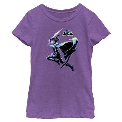 Marvel Thor: Love & Thunder Valkyrie Hero Shot Girls Short Sleeve Tee Shirt, Purple Berry, Small